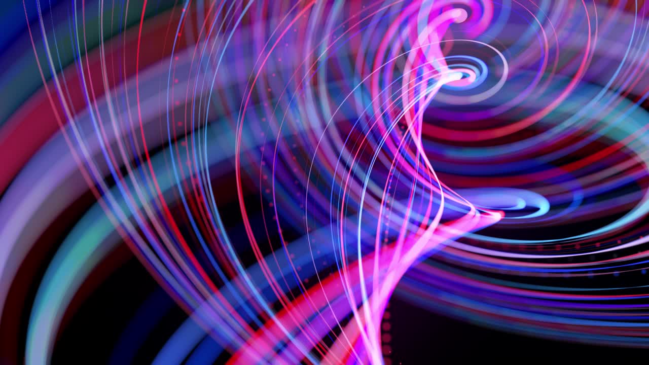Light flow bg in 4k. Abstract looped background with light trails, stream of red blue neon lines in space move to form looped spiral shapes. Modern trendy motion design background.