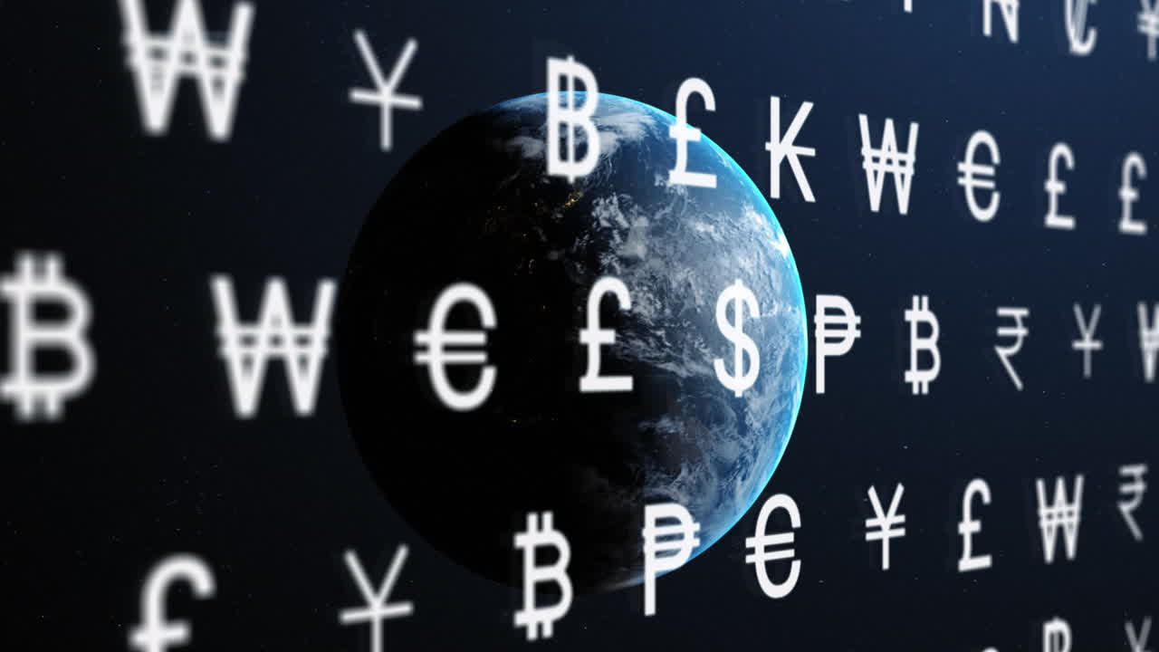 Animazione di simboli di valuta multipli su globo rotante nello spazio.