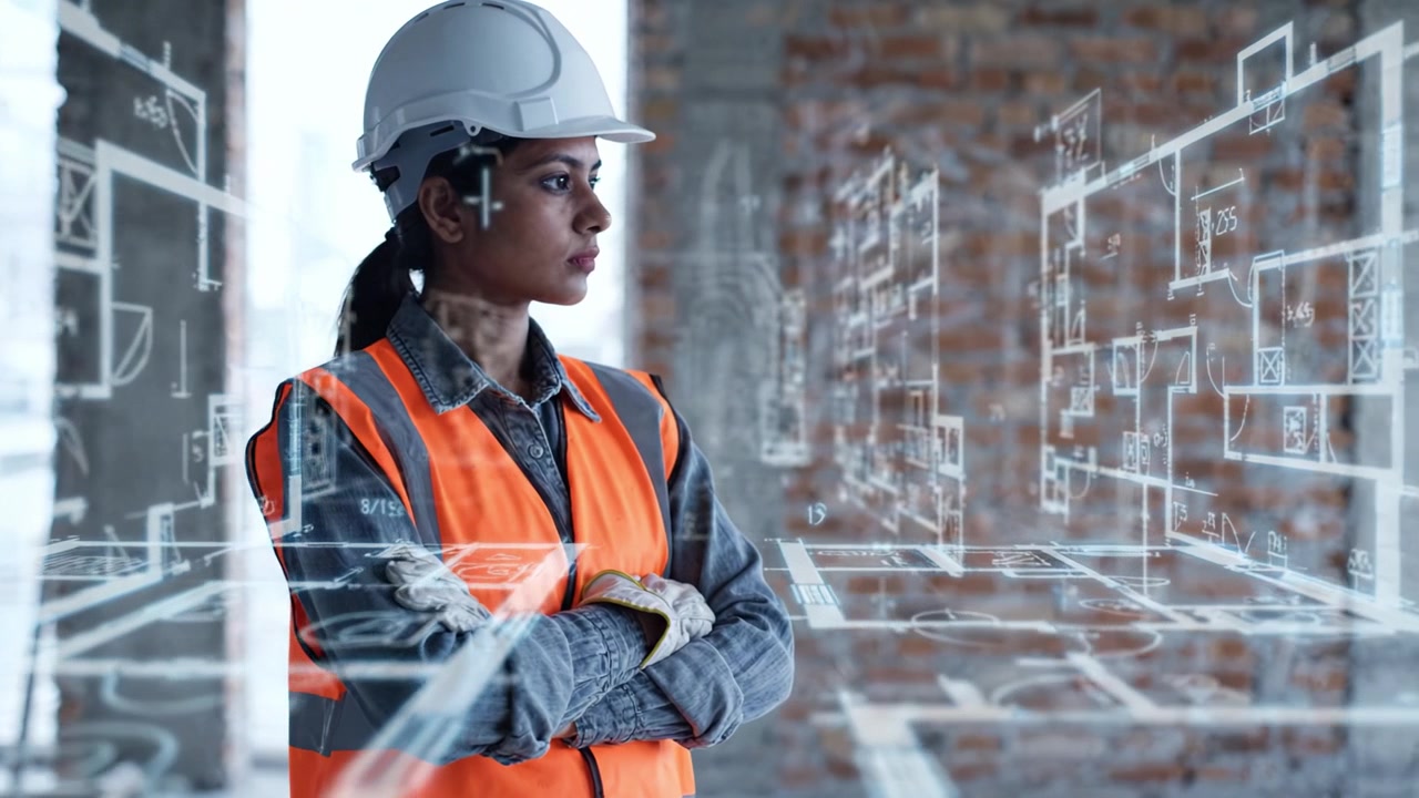 A woman engineer in a hard hat and safety vest, thoughtfully observing architectural blueprints projected in front of her at a construction site.