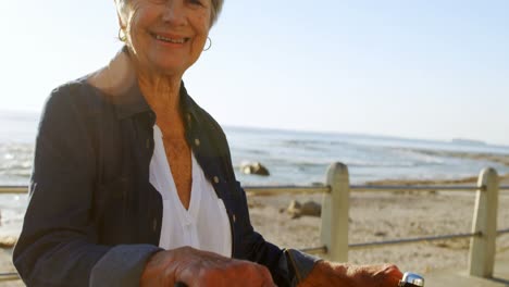 senior woman holding bicycle at promenade 4k