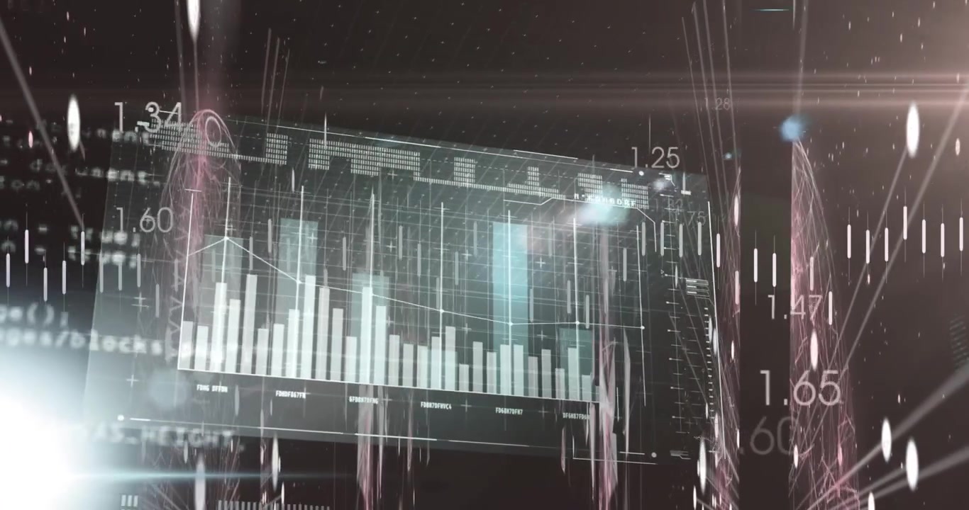 Animation of heartbeat, multiple graphs with numbers, lens flare, connected dots in abstract pattern