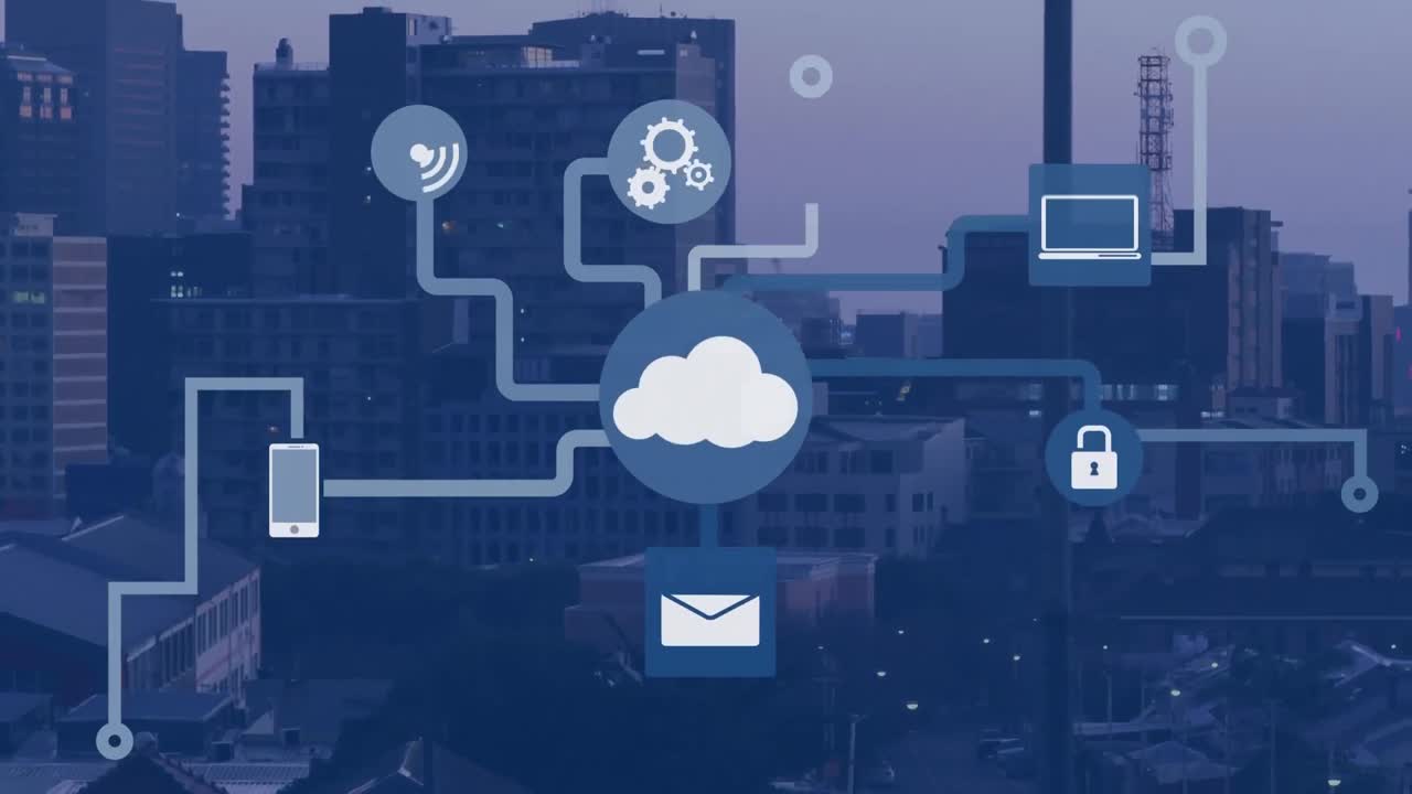 Animation of network of digital icons against aerial view of cityscape