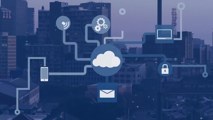 Animação de rede de ícones digitais sobrevoando uma paisagem urbana