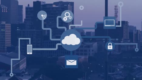 animation of network of digital icons against aerial view of cityscape