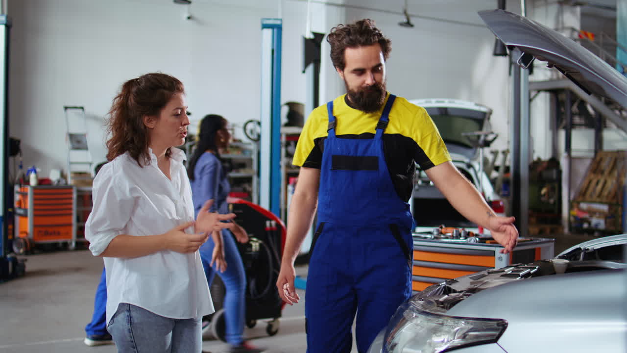 el reparador hace el mantenimiento del coche del cliente