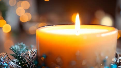 a candle is lit on a table with pine cones and other decorations. scene is warm and cozy, perfect for the holiday season
