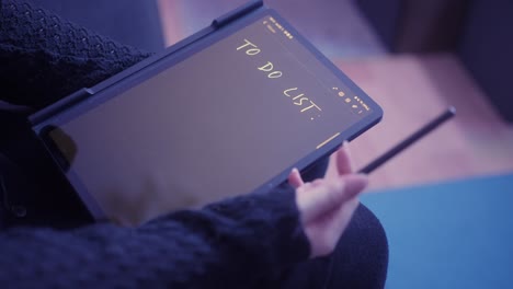 young woman is thinking about a list of things to do, which she is writing on a tablet