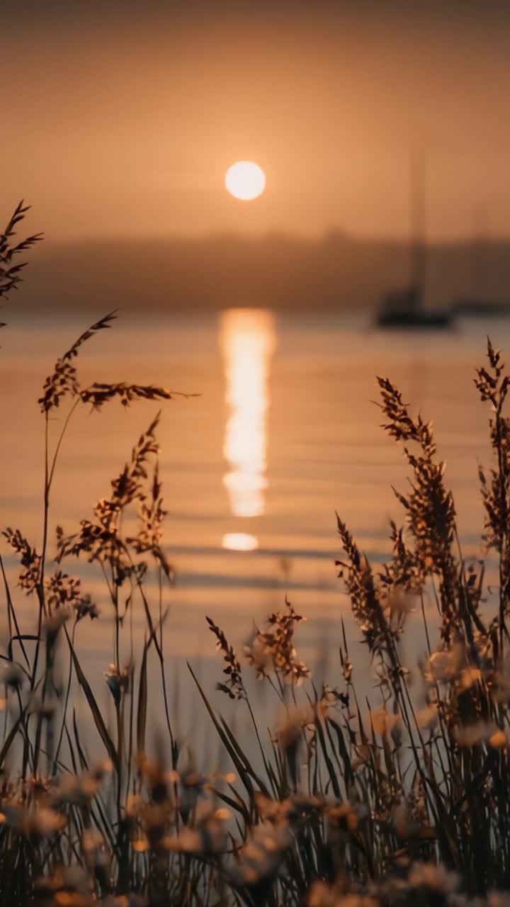 A Captivating Sunset Over Tranquil Waters: Nature's Beauty Personified Through Silhouetted Grasses and Reflective Ripples at Dusk