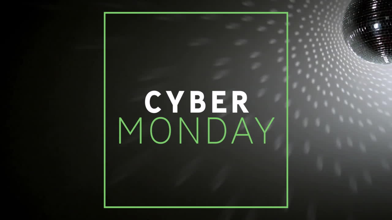 Cyber Monday tekst-animation over mørk baggrund med grøn ramme og lysrefleksioner