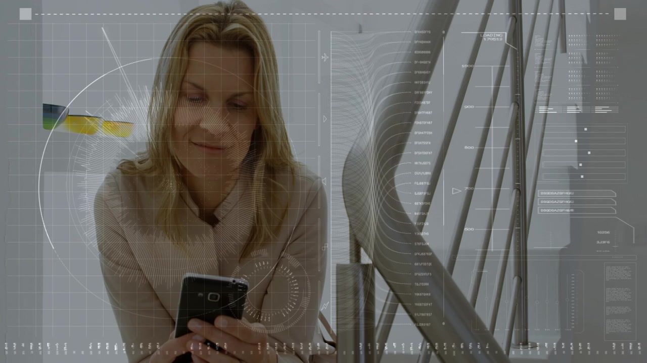 Mature woman sitting on stair landing scrolling smartphone and activating HUD data for tech review