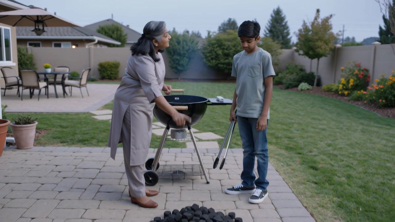 Gesturing senior woman grey top teaching boy loading coals into kettle grill on patio holding tongs
