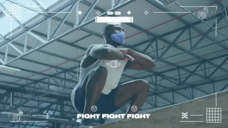 gaming interface against african american man wearing face mask jumping on plyo box at gym