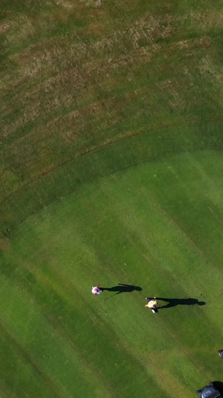 Aerial view of golfers on a green golf course