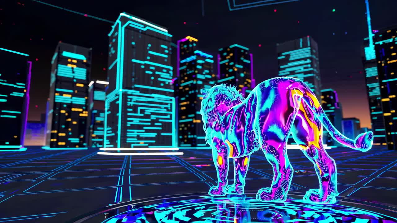 Neon Lion in a Cyberpunk City