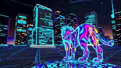 neon lion in a cyberpunk city