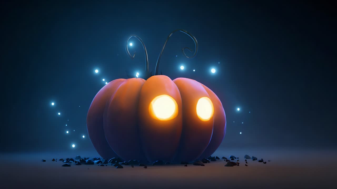 An enchanting glowing pumpkin character emerges from the darkness, featuring bright eyes and whimsical tendrils, creating a magical atmosphere filled with sparkling lights