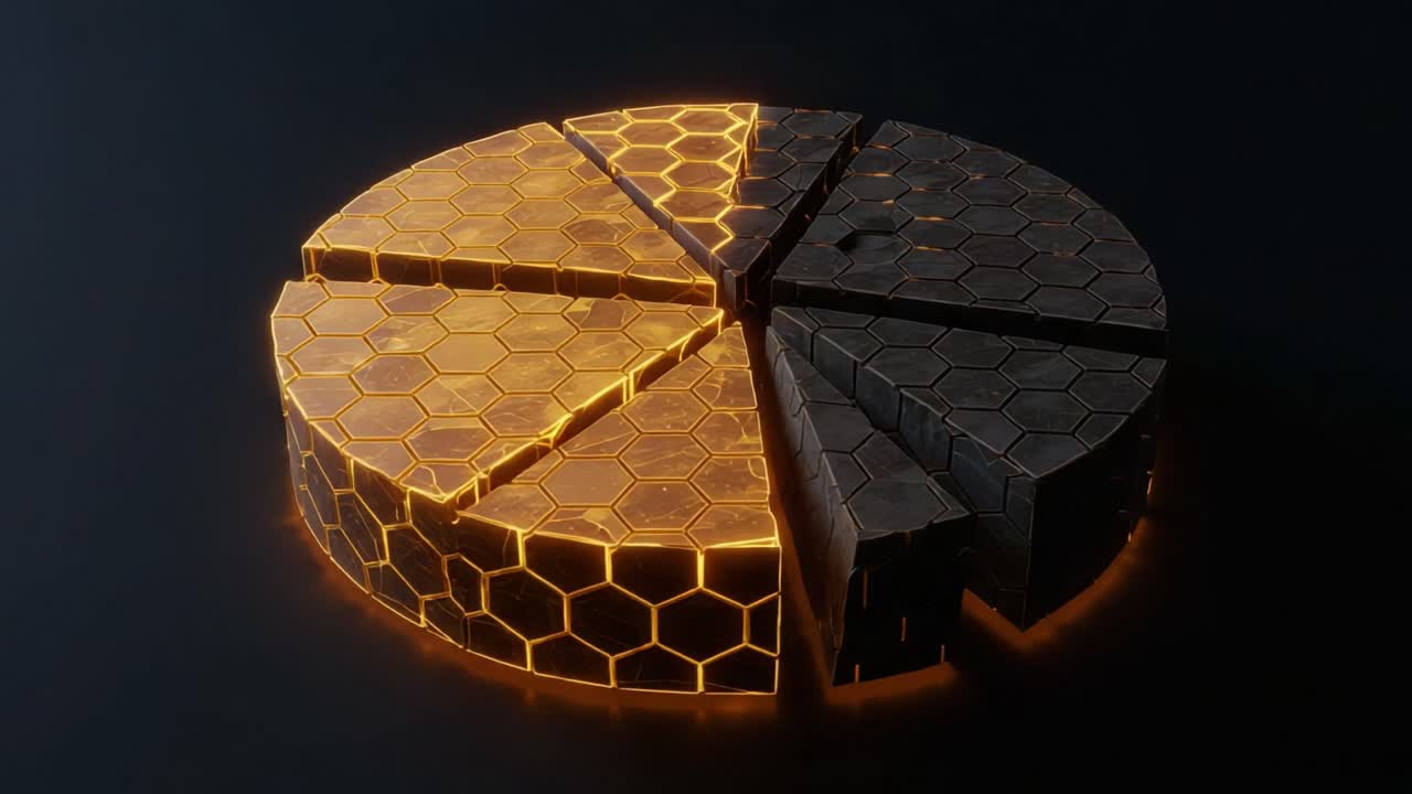A Stunning 3D Visualization of a Hexagonal Pie Chart Divided into Segments with Glowing Edges, Displaying Vibrant Orange and Dark Themes in an Abstract Style