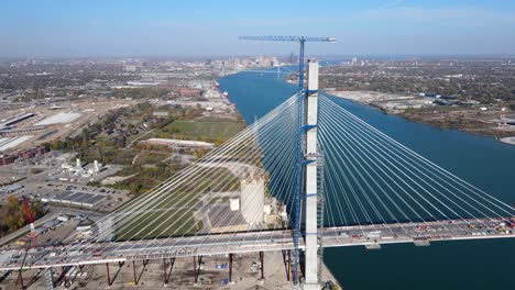 gordie howe international bridge, under construction, detroit, michigan, usa, aerial drone view