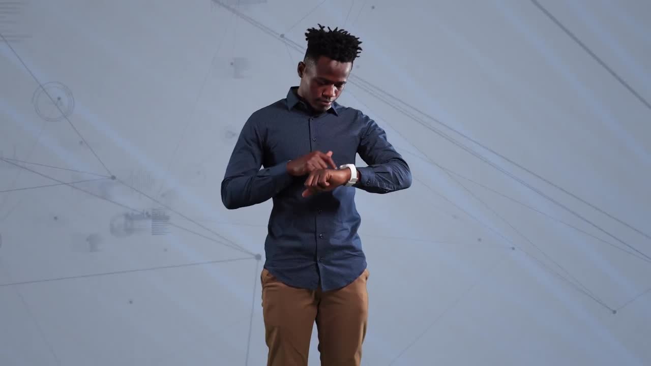 Animation of smiling african american man using smartwatch over network processing data