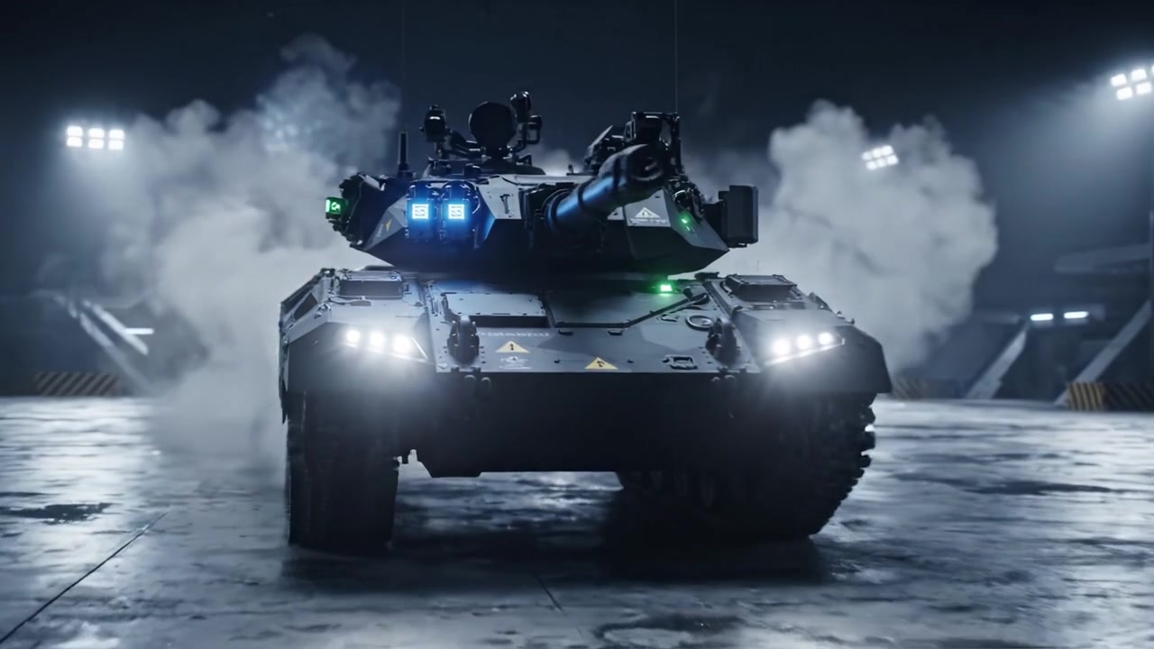 Un moderno carro armato corazzato manovra in un garage high-tech con illuminazione dinamica, mettendo in mostra le sue caratteristiche avanzate e il design tattico in un contesto militare.