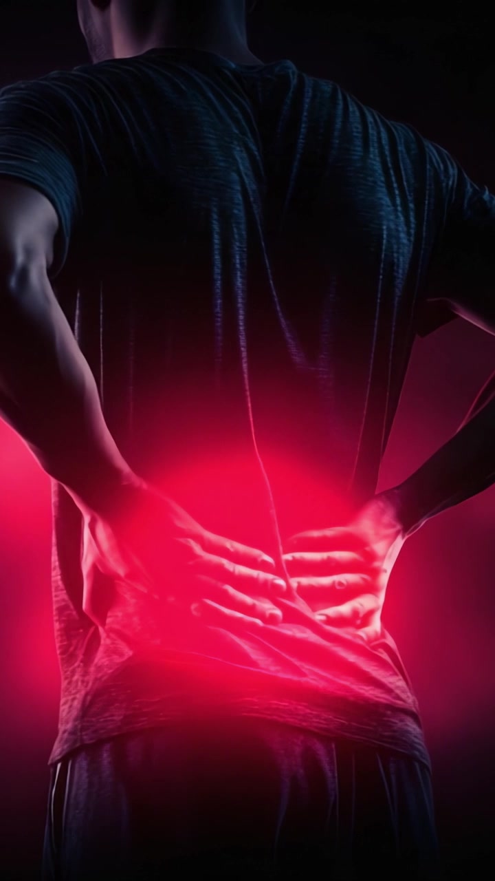 A Man Struggling with Back Pain: A Depiction of Discomfort and Strain, Emphasizing the Visible Glow of Pain in His Lower Back Region