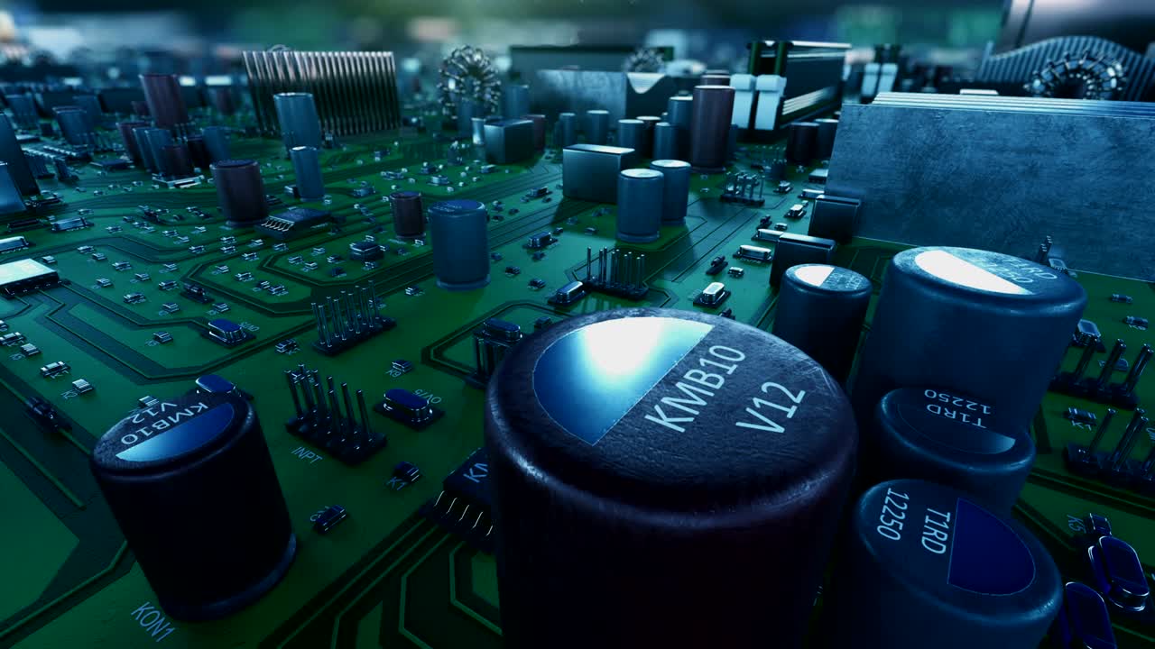 Moving Over Mother Board and Jump Inside CPU Into Digital Data Cyberspace Blue Color. Abstract 3d Animation of Processor Structure and Card Elements. Digital Concept.