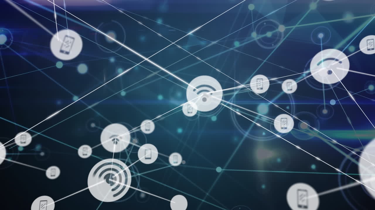 어두운 배경에 아이콘을 가진 연결 네트워크의 애니메이션