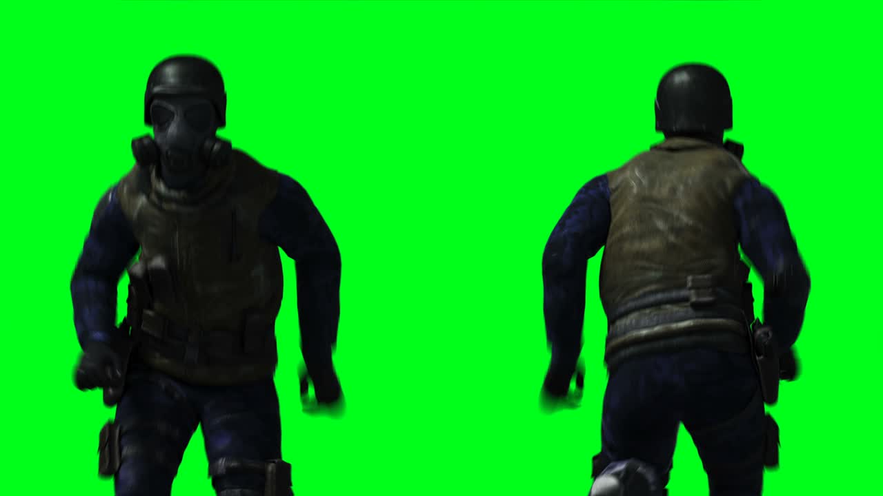 Animação de soldado militar. Físico, movimento, desfoque. Animação 4k realista. Tela verde.