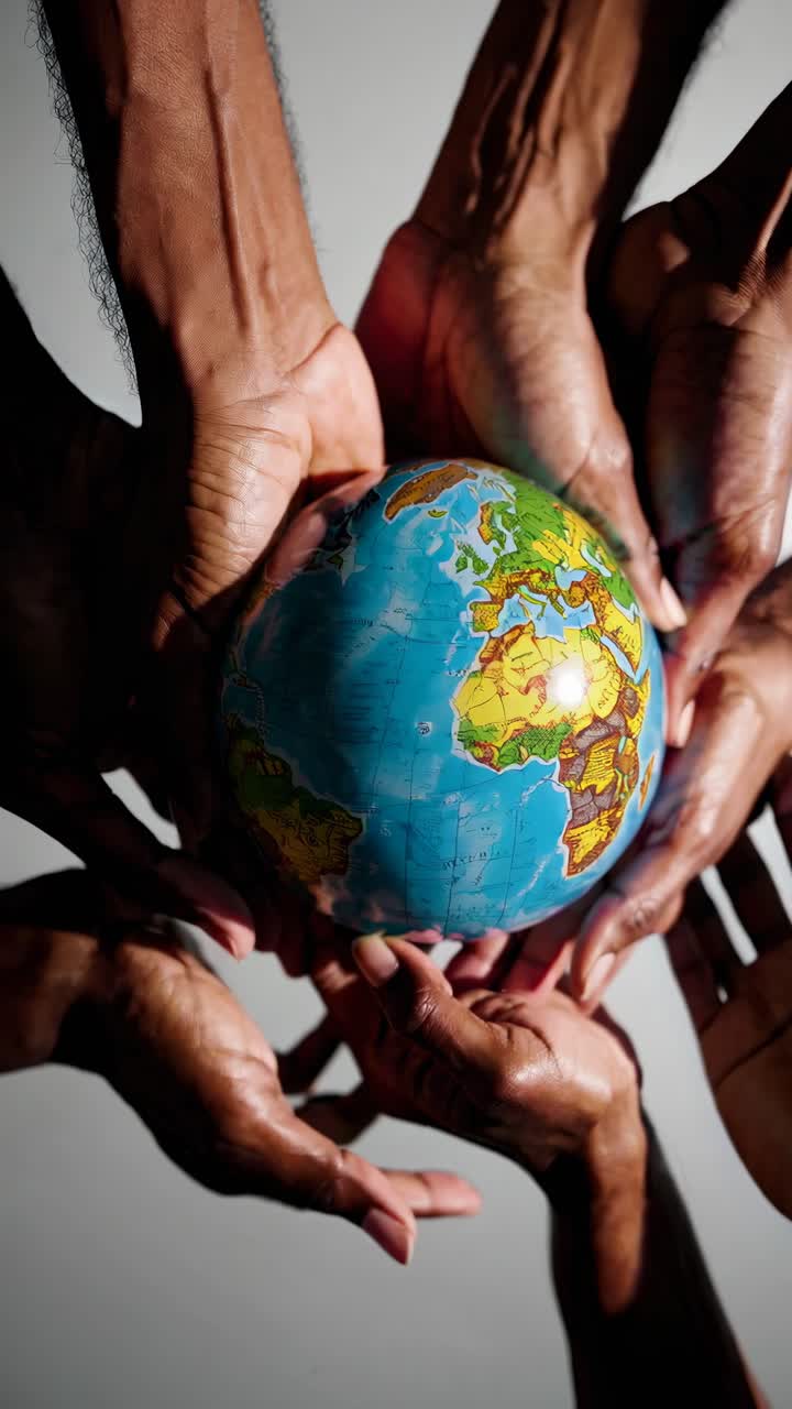 Vista aerea di mani diverse che tengono un globo, a simboleggiare l'unità.