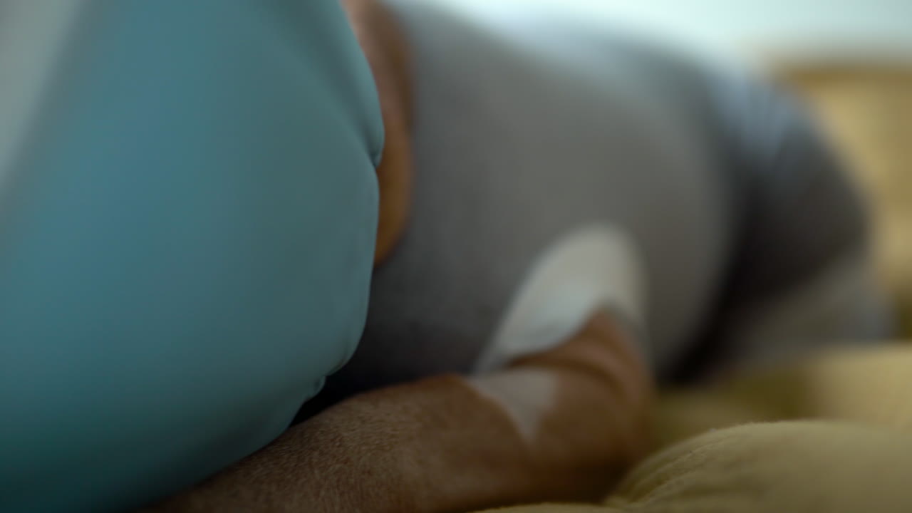 un pequeño bulldog francés marrón que destella sus ojos oscuros mientras se enfría en una manta amarilla y usa collares protectores