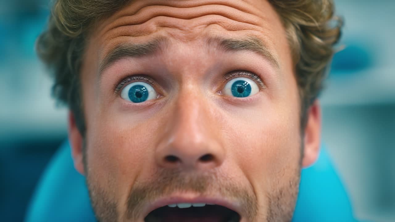 A Man's Surprised Expression Captured in a Dental Office: From Initial Shock to Ultimate Relief, Highlighting the Intensity of Dental Visits
