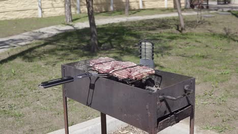 meat grilled on the grid. food for barbecue party. tasty grilled food. meat on a grill. shot in 4k