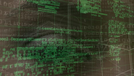 Animation of digital data processing over dark background