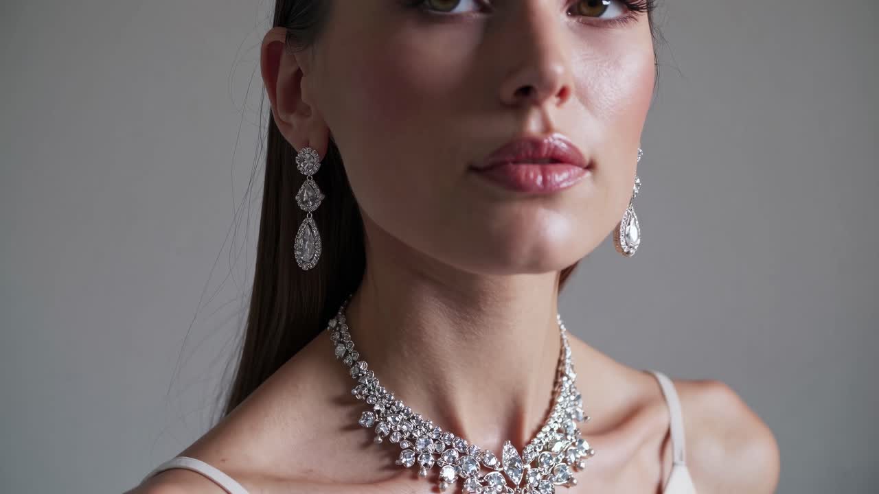 Close-up video still of a woman wearing elegant jewelry. Captured from a low angle