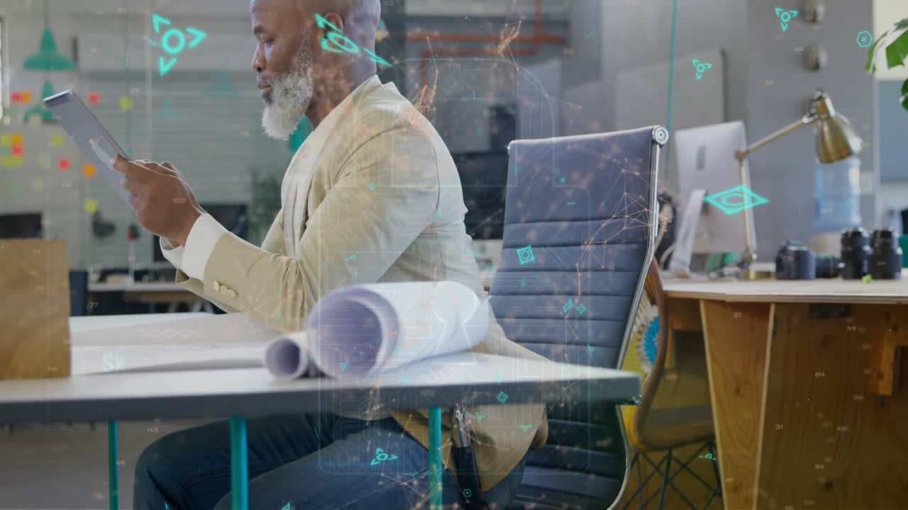 Animation of qr code and data processing over african american businessman using tablet