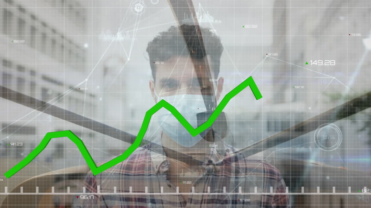 animación del procesamiento de estadísticas con línea verde sobre el hombre con máscara facial y cuadrícula