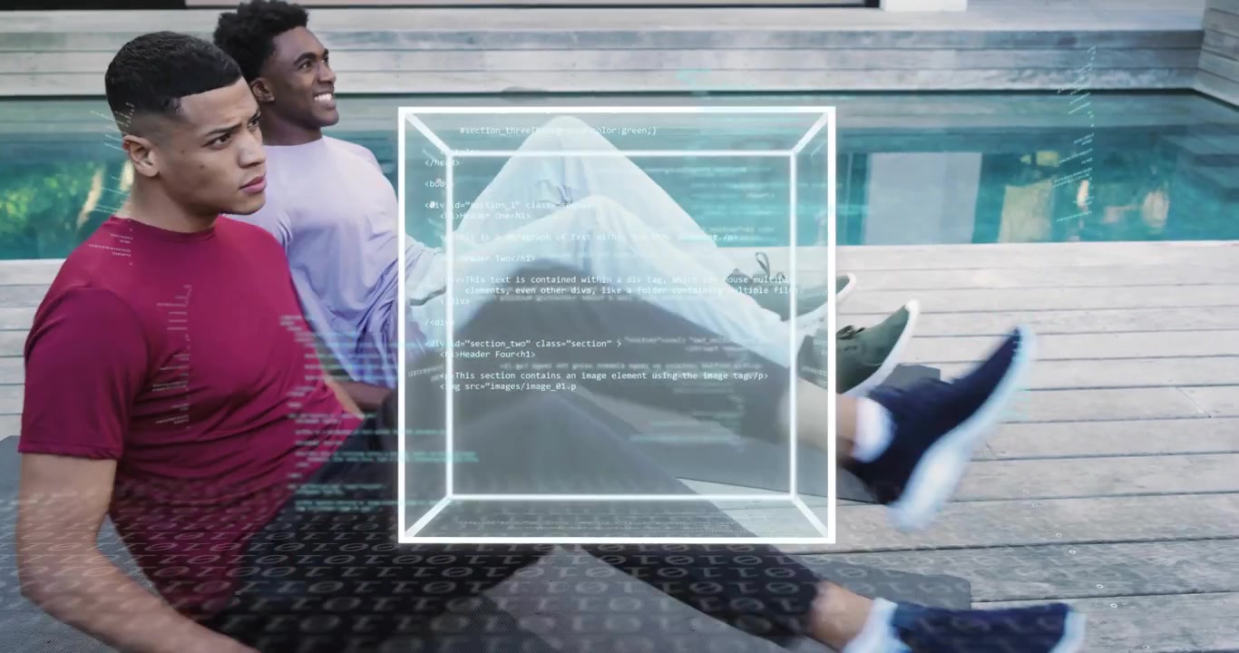 Performing core crunch on pool deck men activating transparent 3D cube overlay showing fitness data