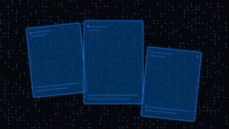 Digital Interface With Floating Data Windows and Binary Code Background