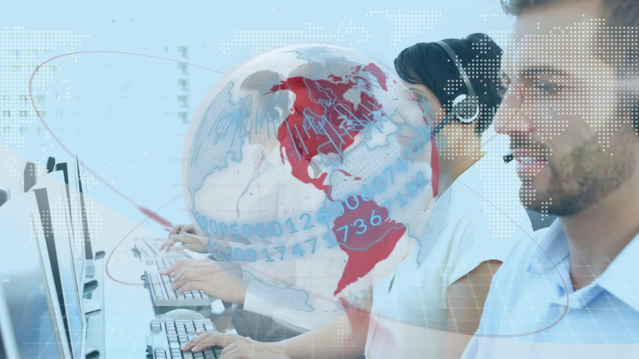 animación del globo con una red de conexiones sobre personas de negocios que usan computadoras