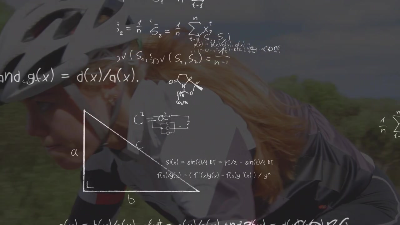 Animation of mathematical equations over caucasian woman riding bike