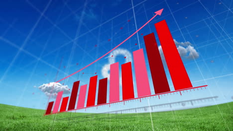 animación del procesamiento de datos estadísticos contra prados y nubes en el cielo azul
