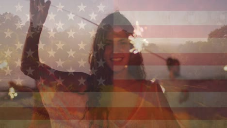 Animation-of-flag-of-usa-and-landscape-over-biracial-woman