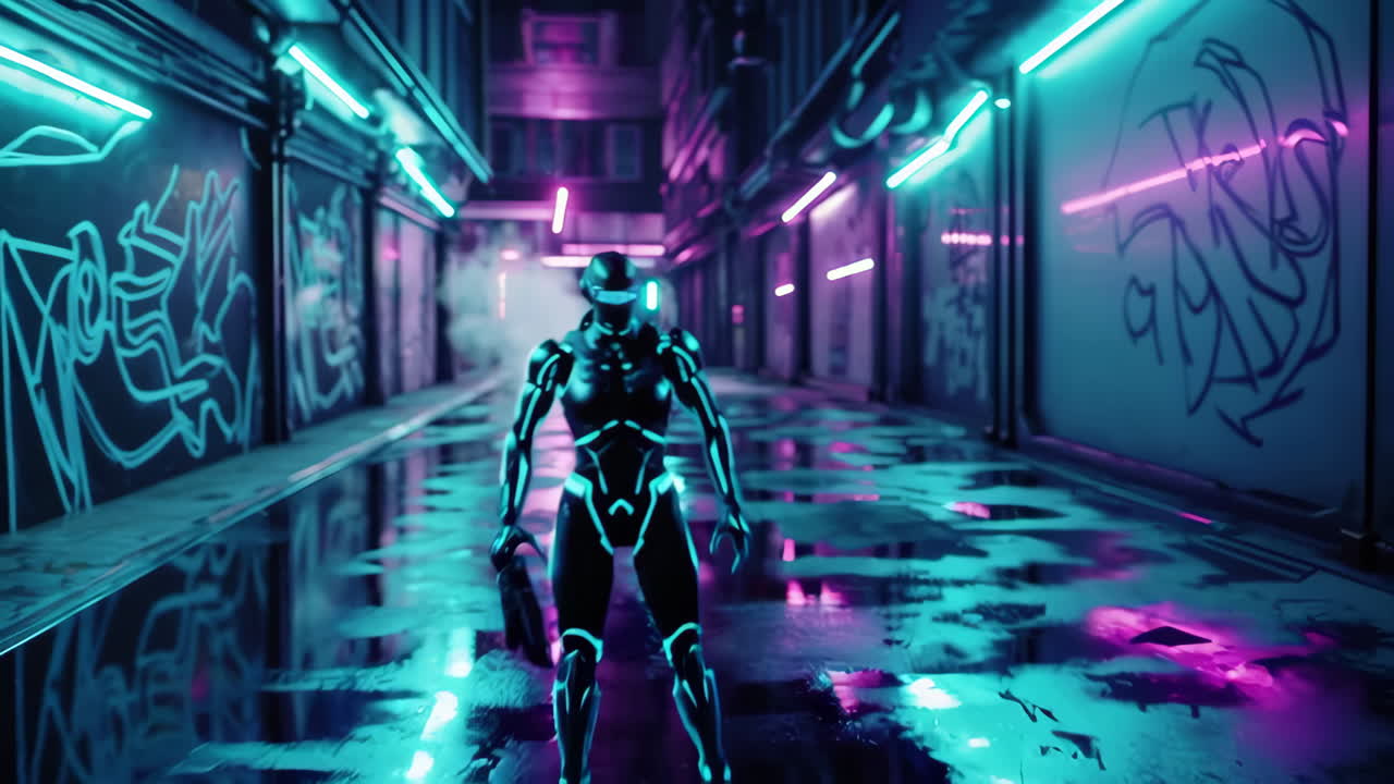 Cyberpunk Figure in Neon Urban Landscape