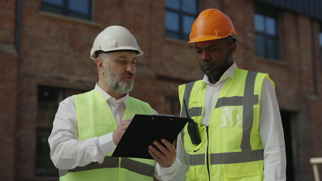 trabajadores de la construcción que revisan los planes