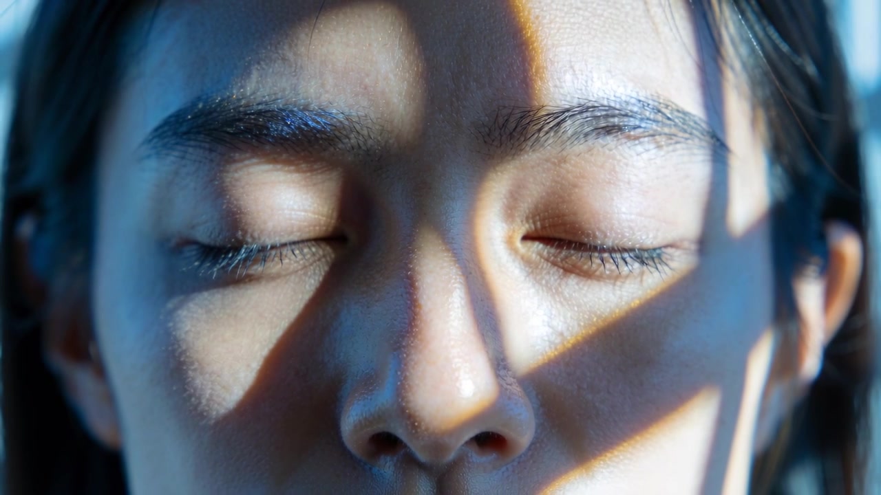 阳光透过百叶窗在窗边女人的脸上投下移动的阴影，女人呼吸着。