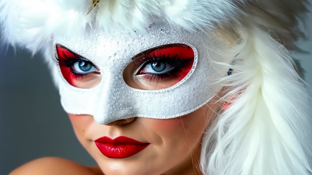 은 립스틱과  털로  마스크를 입은 여자