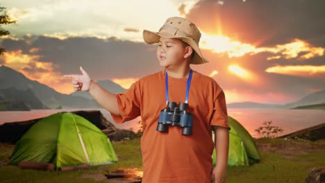 child explorer at campsite at sunrise
