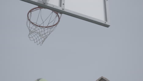 basketball bouncing on the basket ring and then falling into the goal scoring a point in slowmotion log