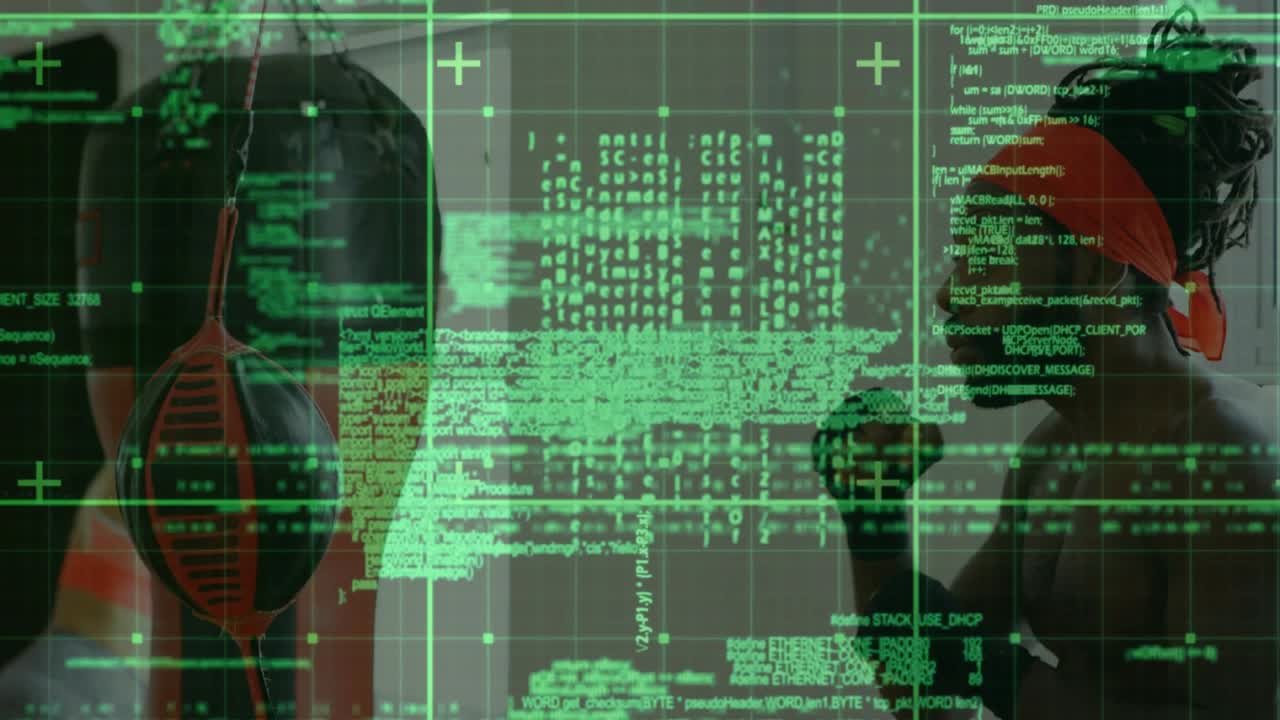 Mature male boxer shifting weight and throwing jabs, training with green code overlay, bag swinging