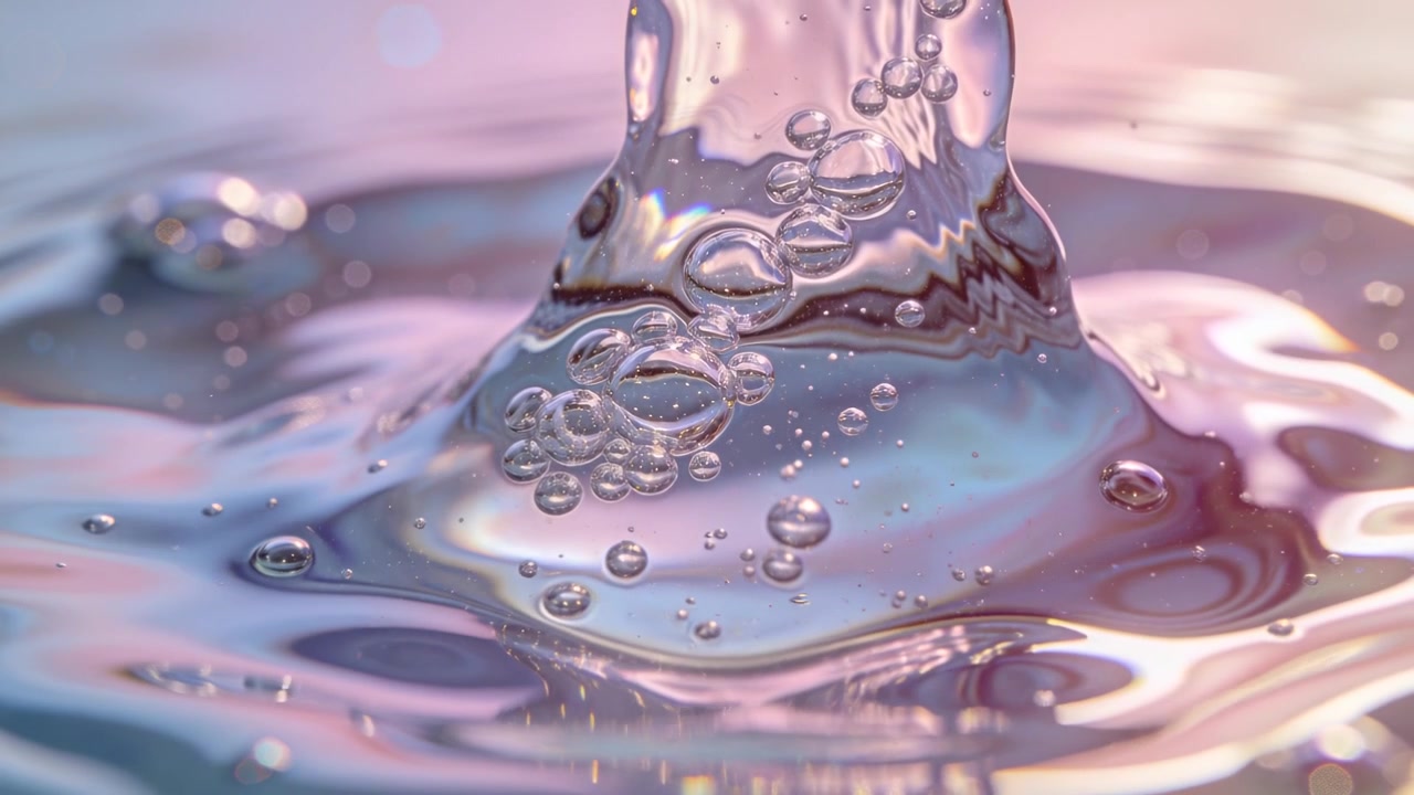Colonne d'eau montante contenant un amas de bulles après l'impact d'une gouttelette en studio, formant des ondulations pastel